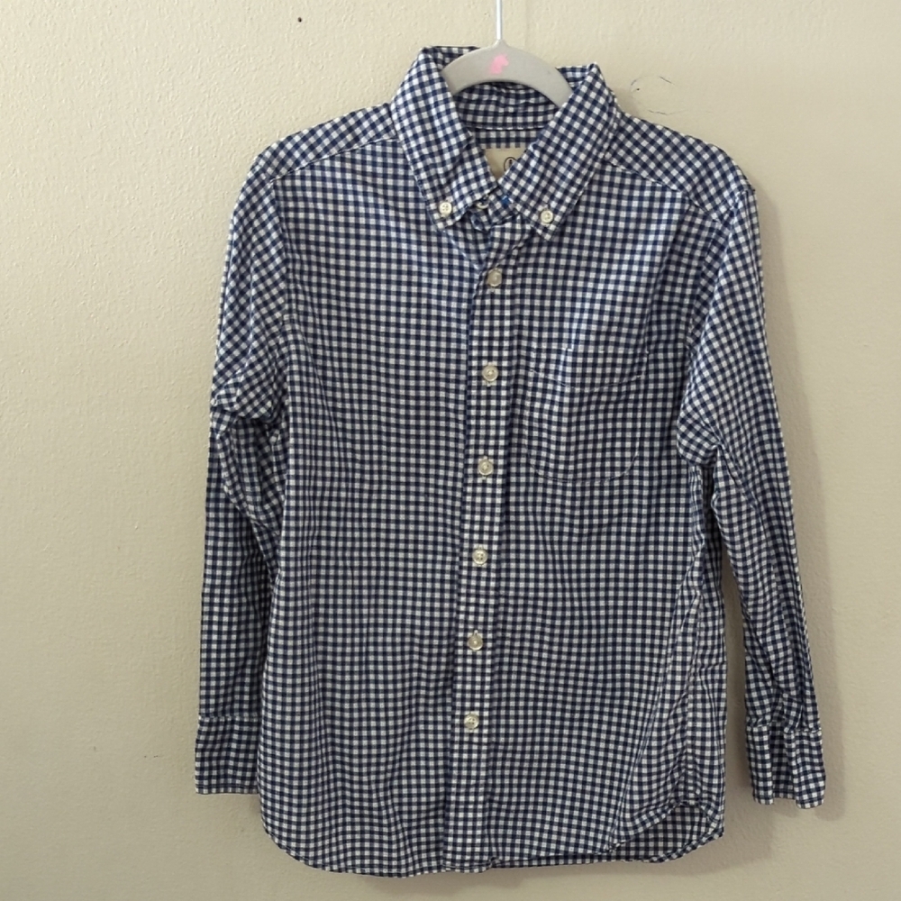 Lands' End Kids Navy + White Gingham Button-Down Shirt 100% Cotton Boys Size S 8